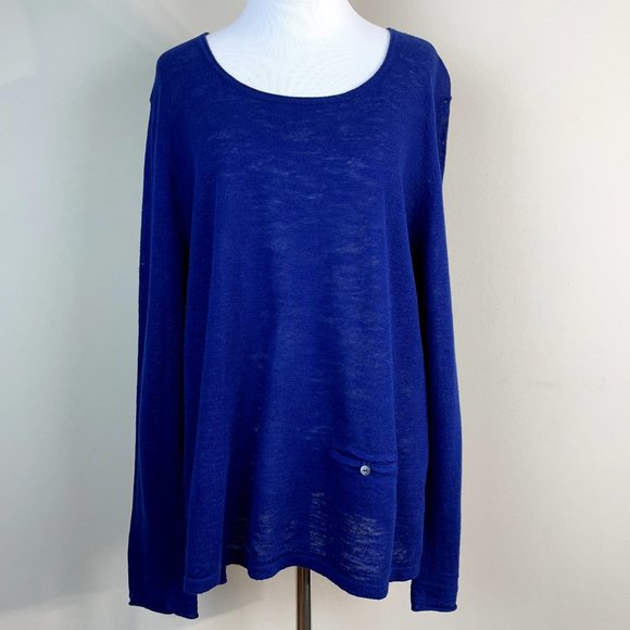 J Jill Sweater Womens Large Navy Blue Linen Cotton Scoop Neck Pocket Lightweight - Picture 1 of 10